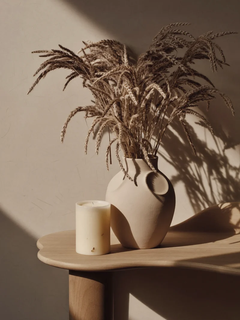 Matte Keramikvase mit Trockengräsern neben einer schlichten Kerze